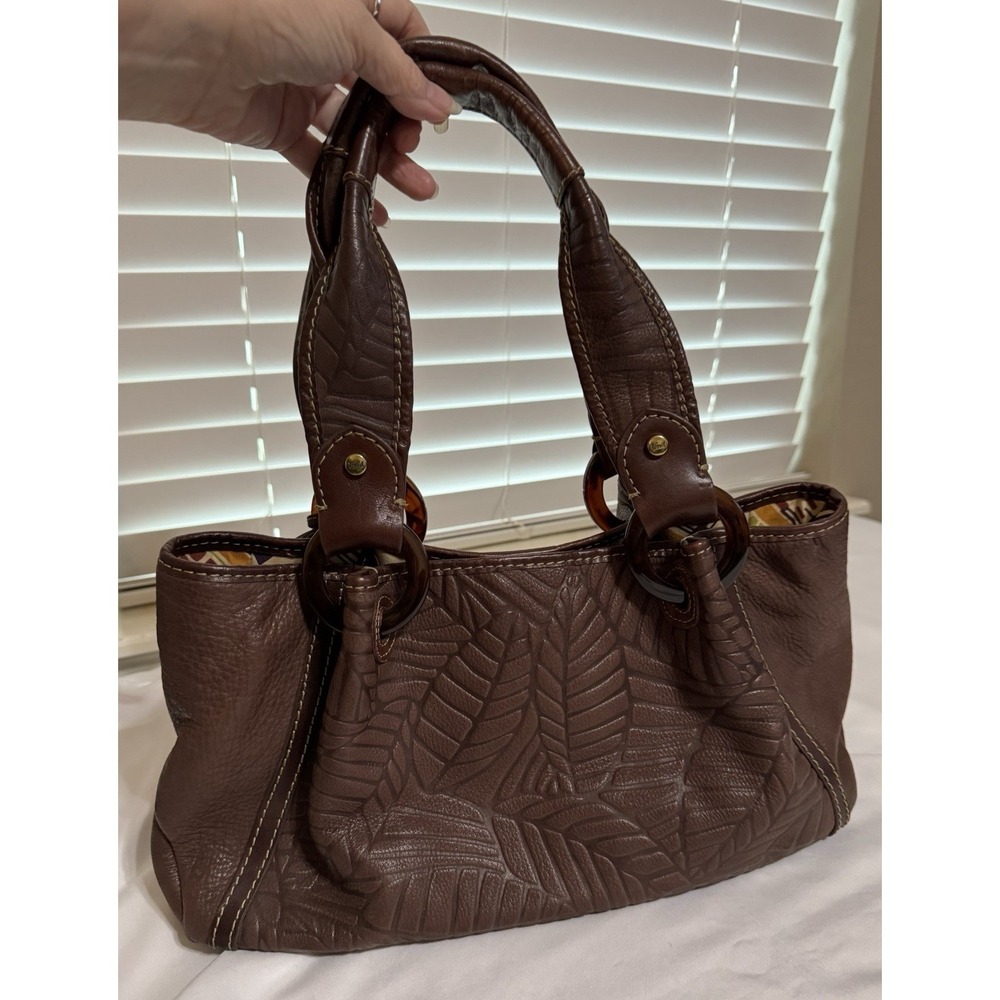 Fossil Brown Leather Embossed Palm Leaf Shoulder Handbag Purse Rustic Boho Chic - Picture 3 of 12